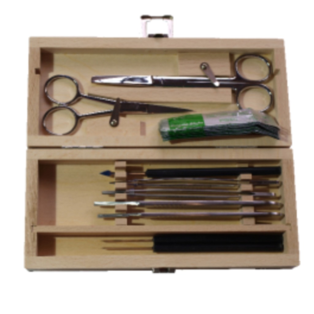 Kit de necropsia com 10 instrumentos. Estojo de madeira.