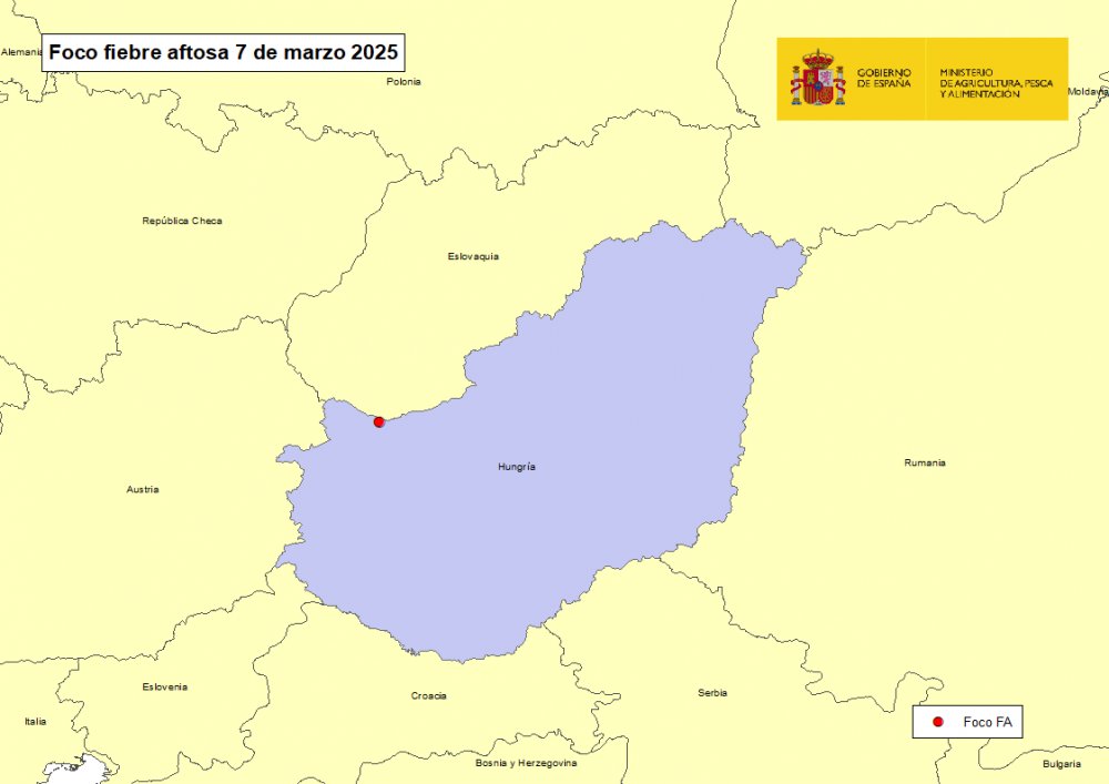 Mapa 1. Localización del foco de fiebre aftosa en Hungría