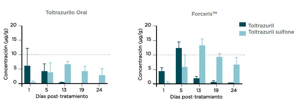 Figura 2. Concentraciones plasmáticas del toltrazurilo y del toltrazurilo sufona (media + DE) tras la adminsitración de una sola dosis de ForcerisTM o Baycox 5% a lechones