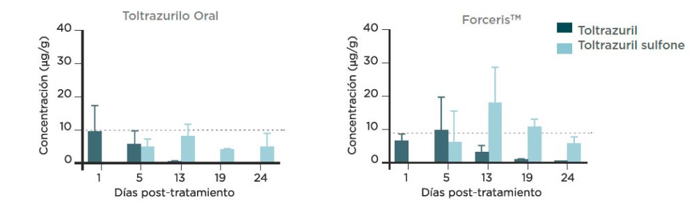 Figura 5. Concentraciones (media + DE) de toltrazurilo y de toltrazurilo sufona en elcontenido intestinal (mezcla) tras la adminsitración a de una sola dosis de ForcerisTM o Baycox 5% a lechones.