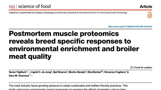 Postmortem muscle proteomics reveals breed specific responses to environmental enrichment and broiler meat quality