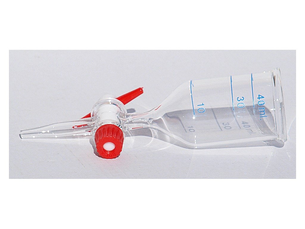 Embudo cilíndrico graduado a 40 ml para 2ª decantación, con llave de teflón Embudo cilíndrico graduado a 40 ml para 2ª decantación, con llave de teflón